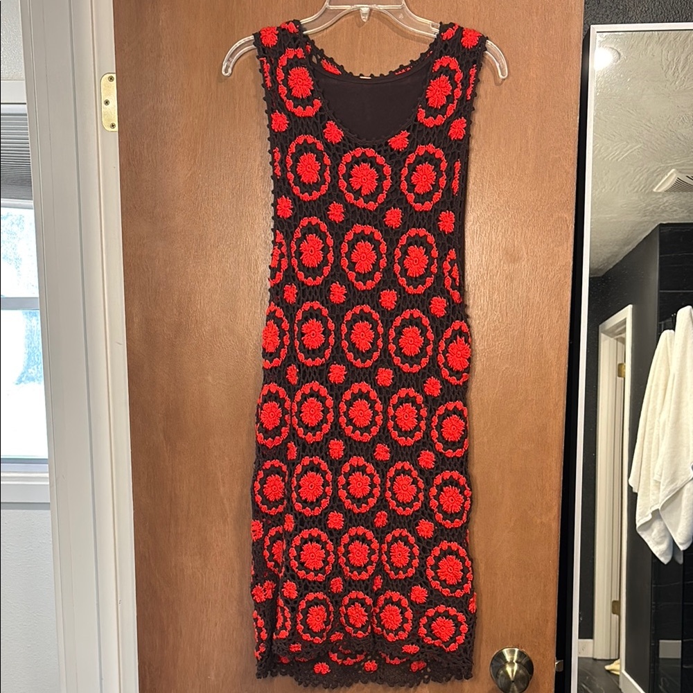 Free People Red and Brown Croqueted Floral Dress